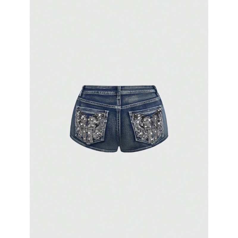 Embroidery Jeans - Low Rise Distressed Denim Shorts Damesjeans