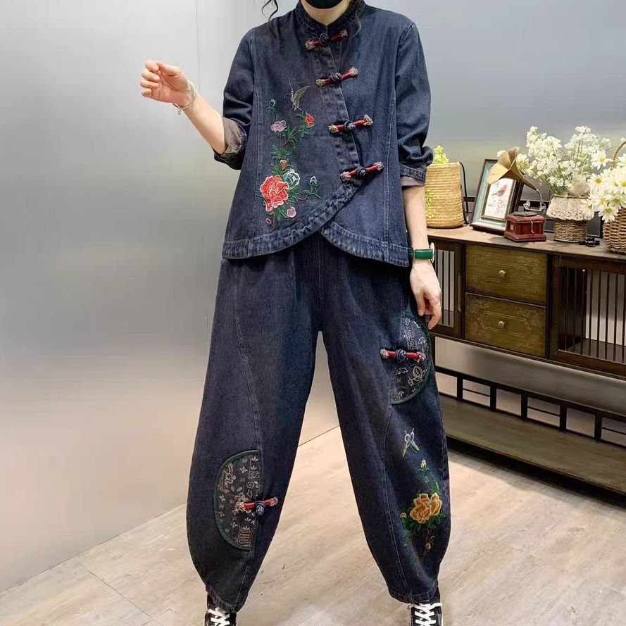 Embroidery Jeans - Vintage knop losse geborduurde bloem denim