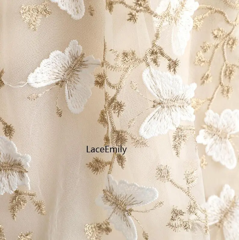 Embroidery Veil - 3D vlinderkant stof vlinder gouddraad borduurwerk