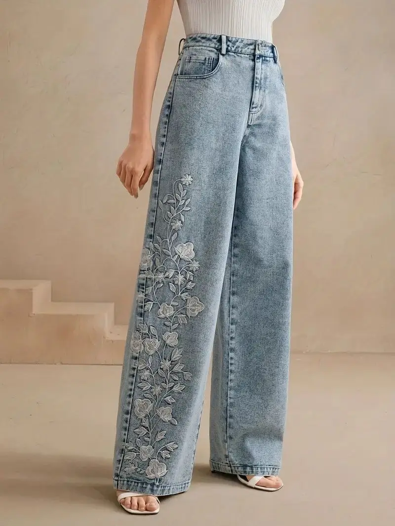 Embroidery Jeans - Dames Plus Size Y2K Straight Leg