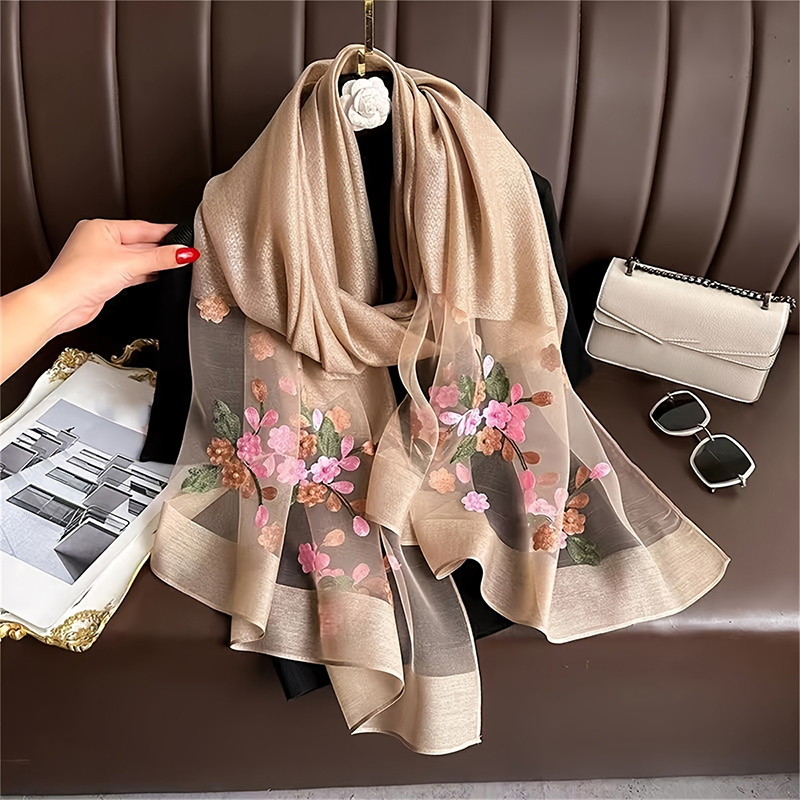 Embroidery Hijab - Vrouwen Zijde Wollen Sjaal Bloemen Borduren