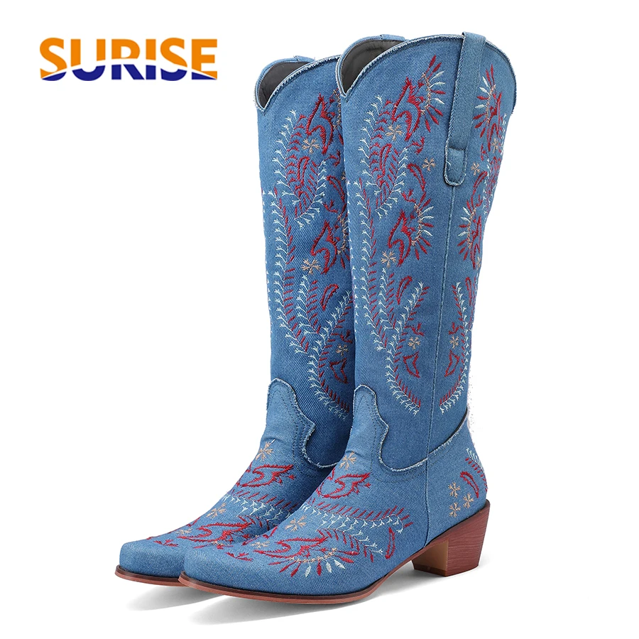 Embroidery Jeans - Blauwe denim westerse cowgirl kniehoge laarzen