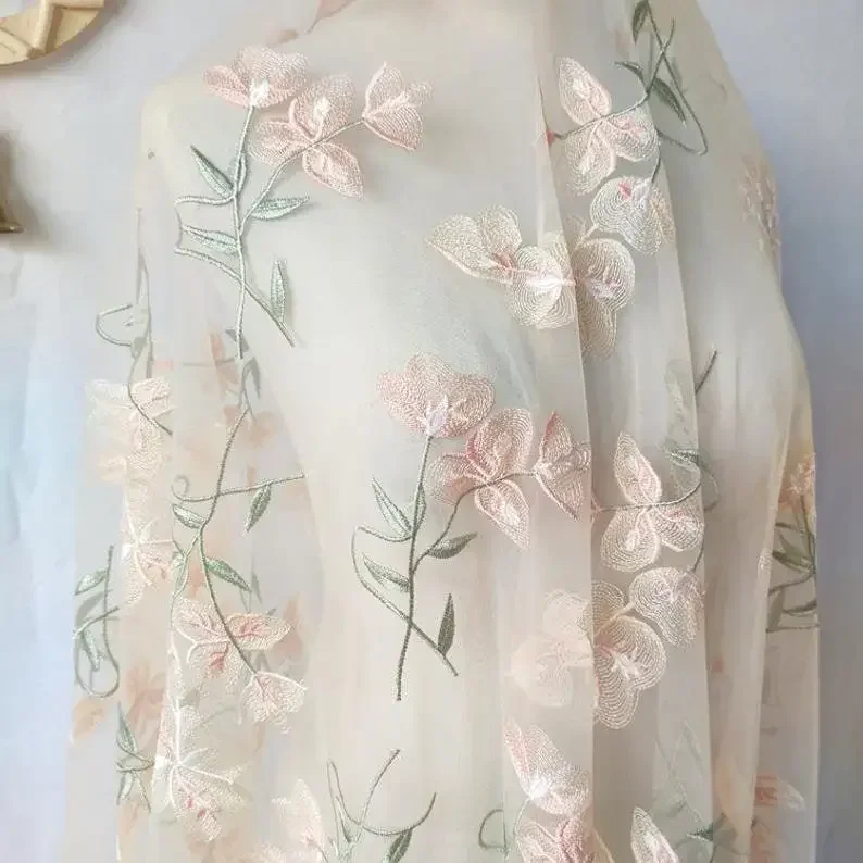 Mooie bloem kant stof abrikoos - Embroidery Veil recensie en prijs