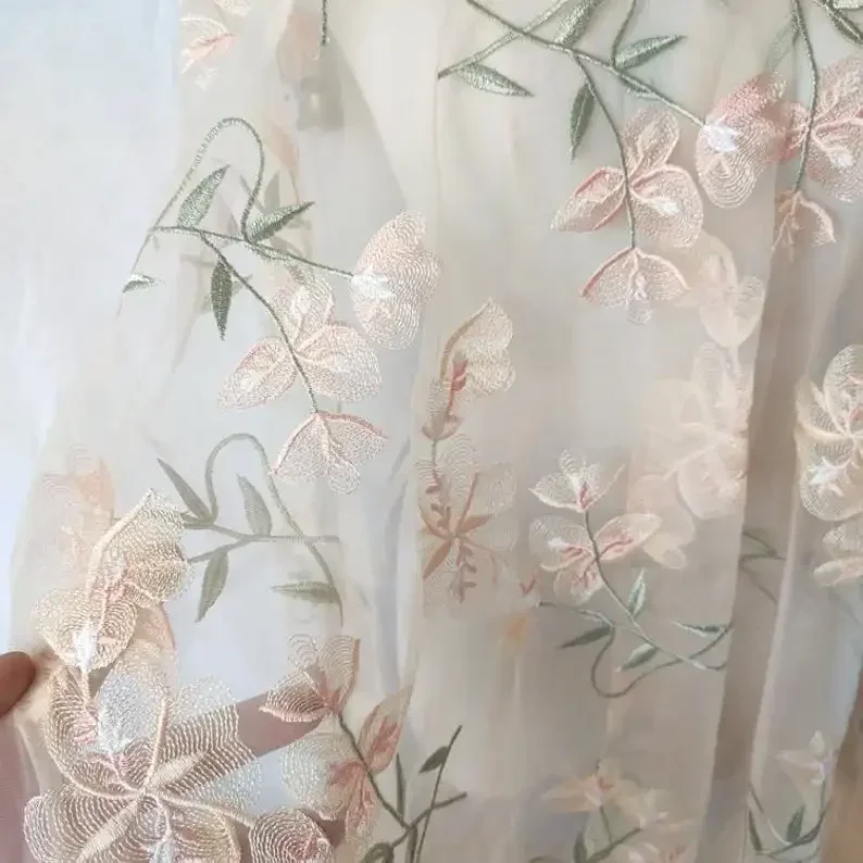 Mooie bloem kant stof abrikoos - Embroidery Veil recensie en prijs