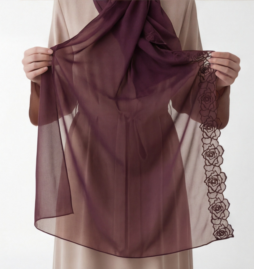 Paarse Chiffon Hijab Shawls Vr - Embroidery Hijab recensie en prijs